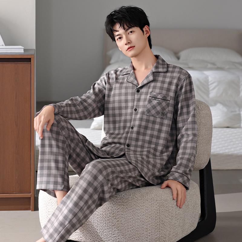 Pure Cotton Pajamas Men'S Loungewear Autumn Suit Cotton Cardigan Long Sleeves Can Be Worn Outside Spring And Autumn Models