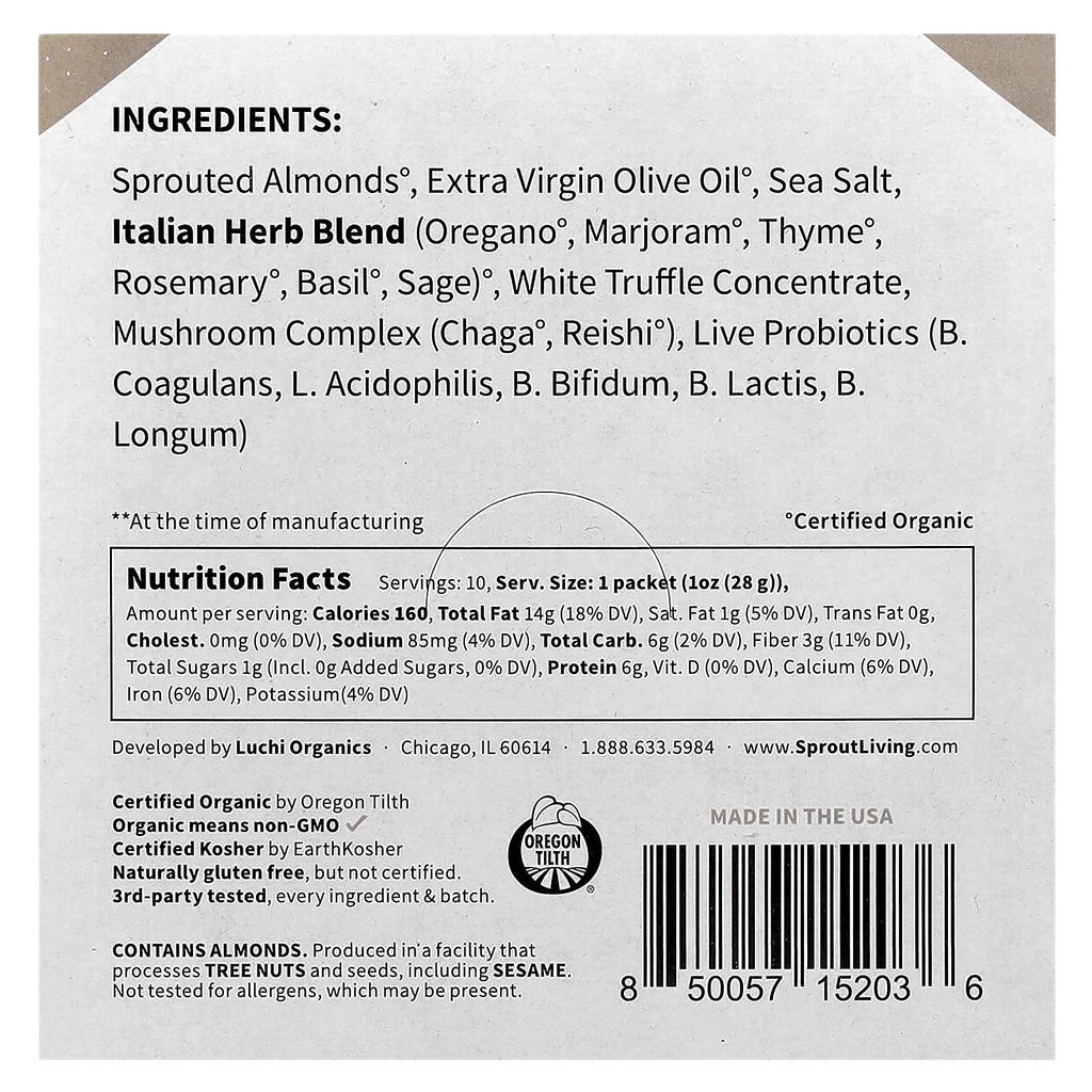 Probiotic Almonds, Italian Truffle, Reishi and Chaga Mushrooms, 10 Packets, 28G (1Oz)