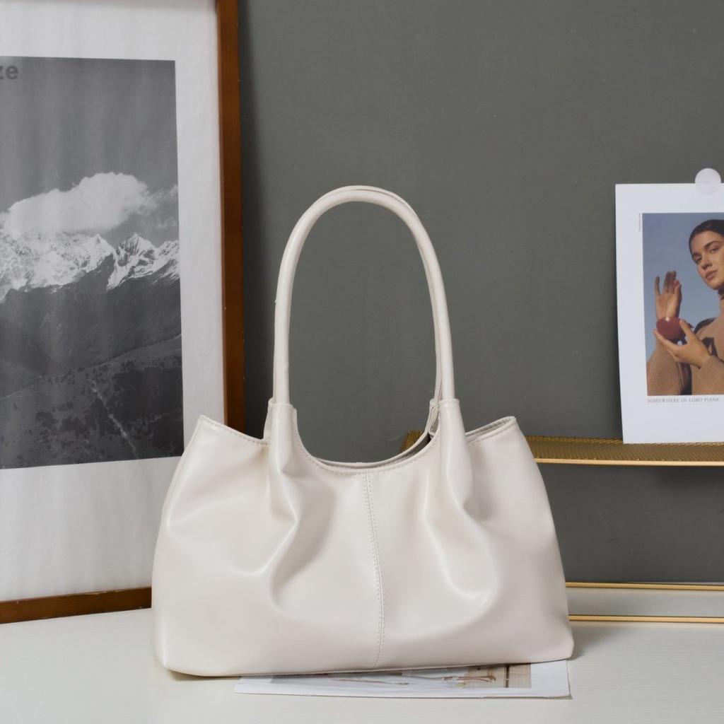 Einfache weiße PU-Leder Schultertasche für Damen weiche Achseltasche große Kapazität Einkaufstasche