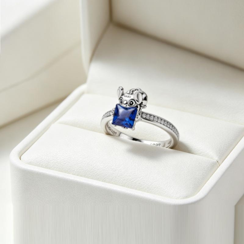 New Stitch Cute Cartoon Ring Cross-border Foreign Trade Shining Diamond Pink Blue and White Ring