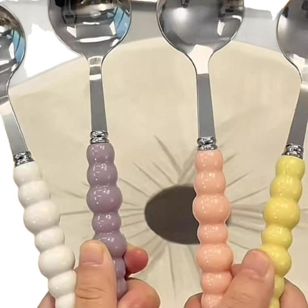 Four-Color Pearl Stainless Steel Soup Spoon with Ceramic Handle - High Value, Stylish Western Dining Spoon for Girls