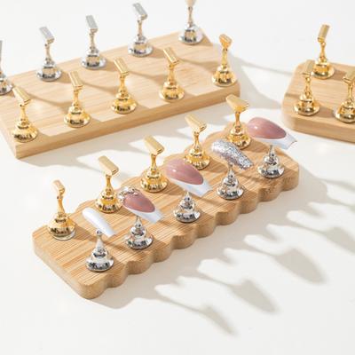 Double Row Magnetic Nail Holder Practice Display Stand Uv Gel Polish 10 Chess Wooden Base Showing Shelf Manicure Tool
