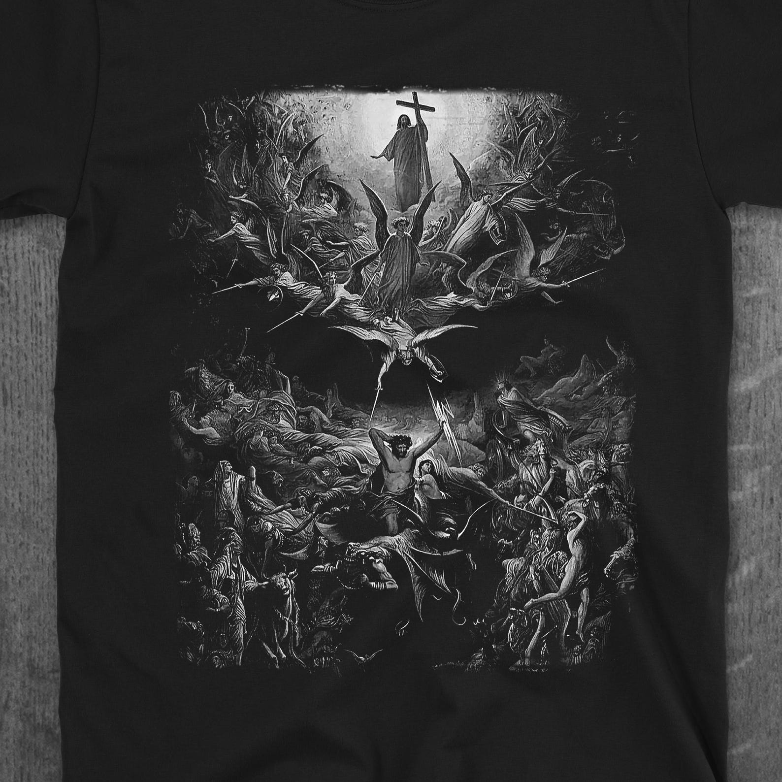Christian Triumph T-Shirt | Gustave Doré Religious Art Tee | Gothic Angels vs Pagan Gods Shirt 2XL