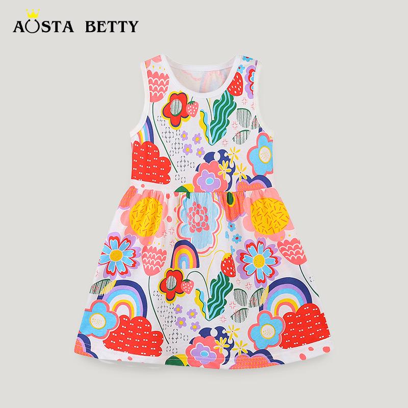 Mädchen Strickkleid im europäischen und amerikanischen Stil mit Cartoon-Print, Puffärmeln und Rundhalsausschnitt