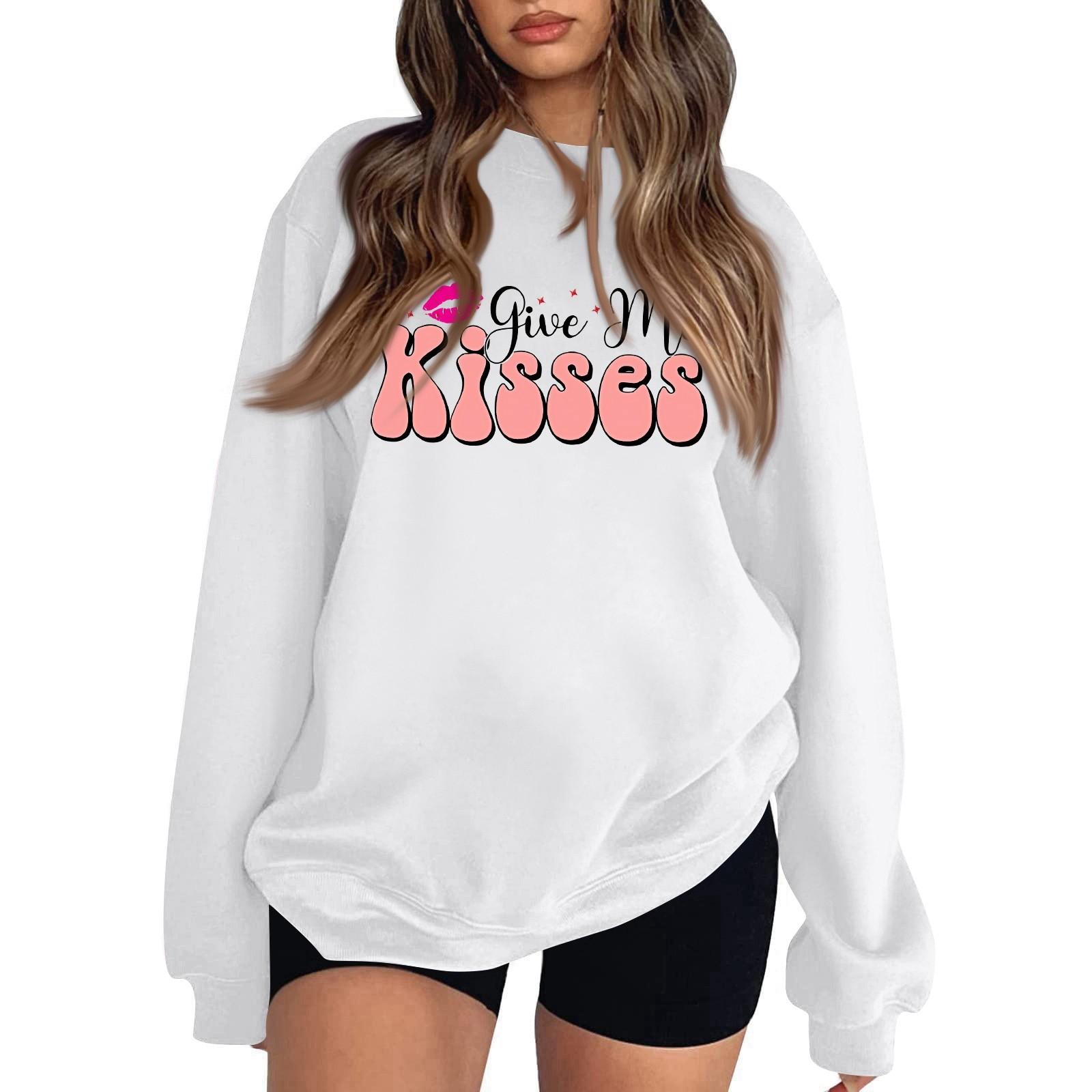 

Женская повседневная мода ко Дню святого Валентина с принтом, длинным рукавом, круглым вырезом, толстовки, пуловеры, топы M белый