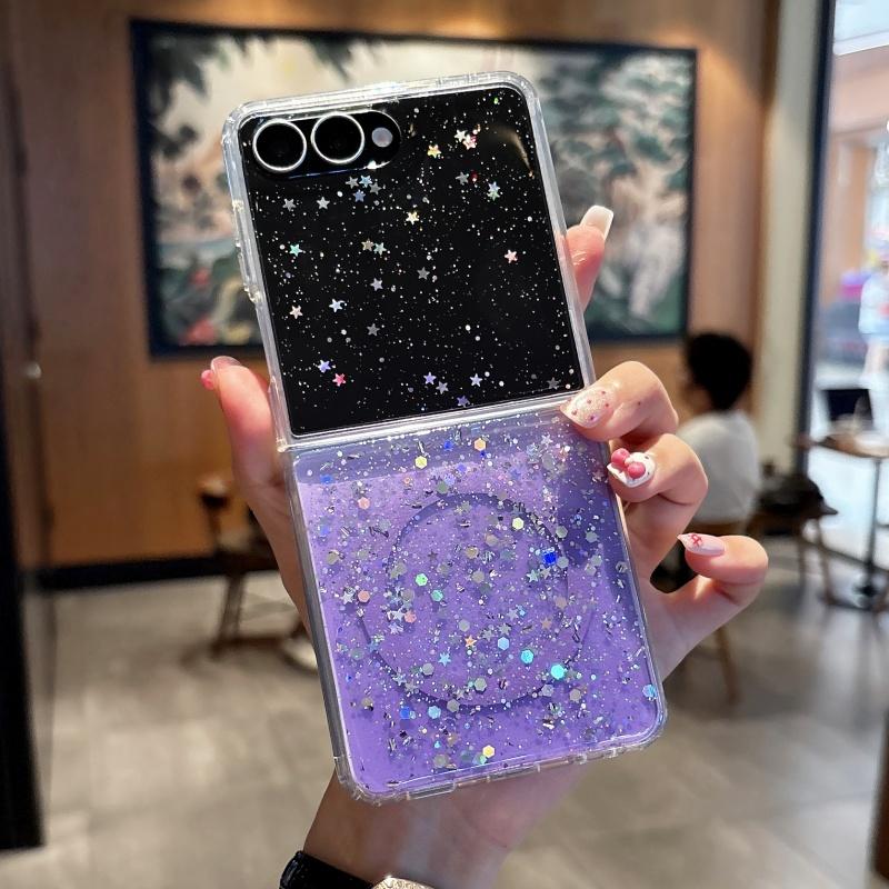 Glitter Gradient Transparent Magnetic Phone Case for Samsung Galaxy Z Flip 7 FE 6 5 4 3 for Magsafe Wireless Charge Cover
