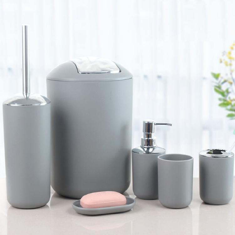 Modern Bathroom Necessities Set Of 6 Plastic Items with Covered Trash Can Toothbrush Stand Toilet Brush For Family Hotel