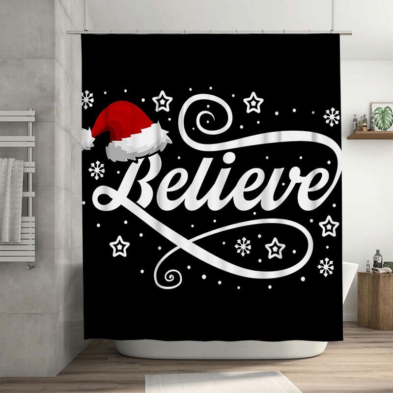 

GAEInspirational Believe Shower Curtain, Elegant Script with Stars and Red Santa Hat on Black, Motivational Christmas Decor 90x180cm