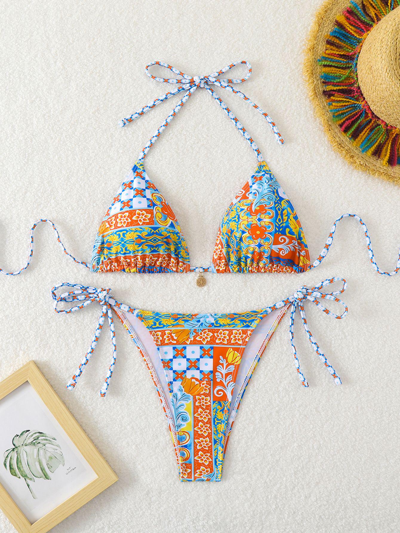 

Европейский и американский купальник бикини с треугольной чашкой на шнуровке с принтом для женщин Medium