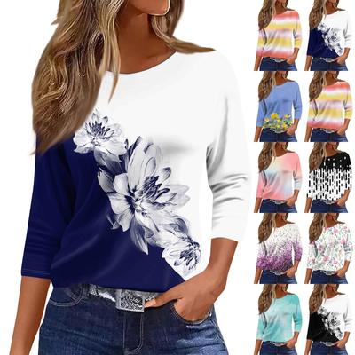 Damenmode, lässig, Rundhalsausschnitt, 3/4-Ärmel, lockeres bedrucktes T-Shirt, Damen-Top