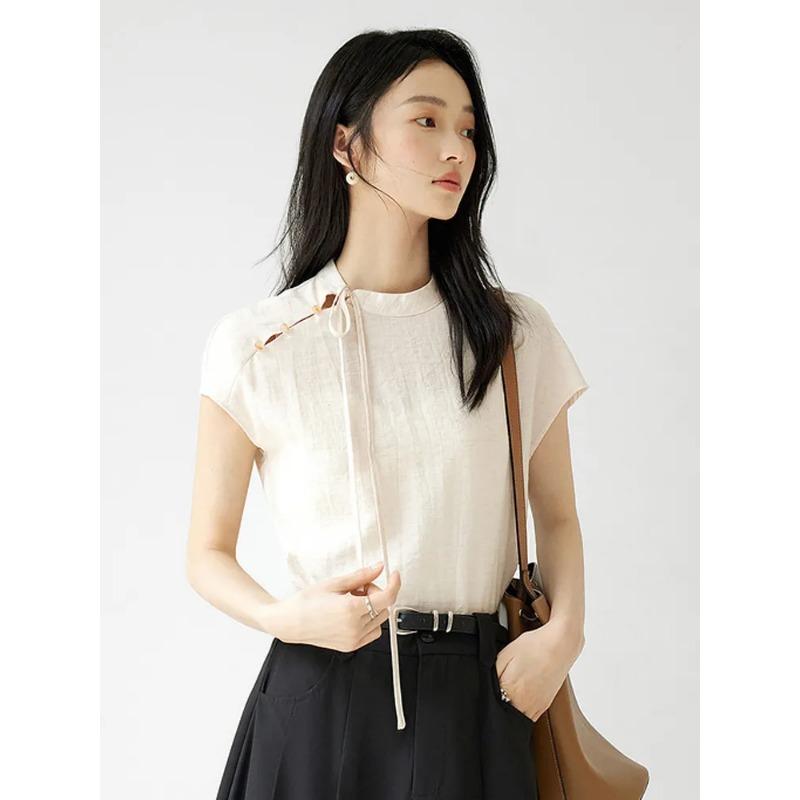 

Womens Stand Collar Tie Neck Sleeveless Blouse S