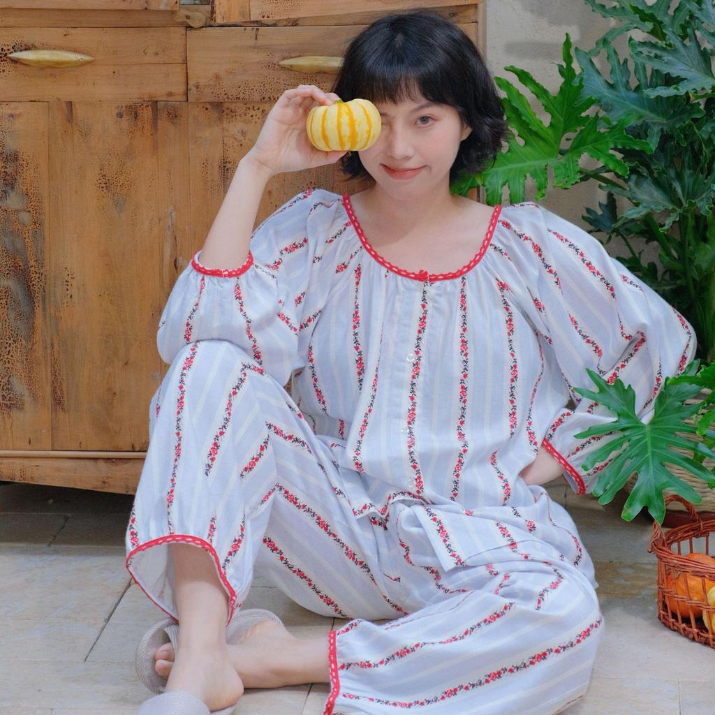 Women's Brushed Cotton French Pajamas - Comfy, Loose-Fit Long Sleeve Set for Spring & Autumn