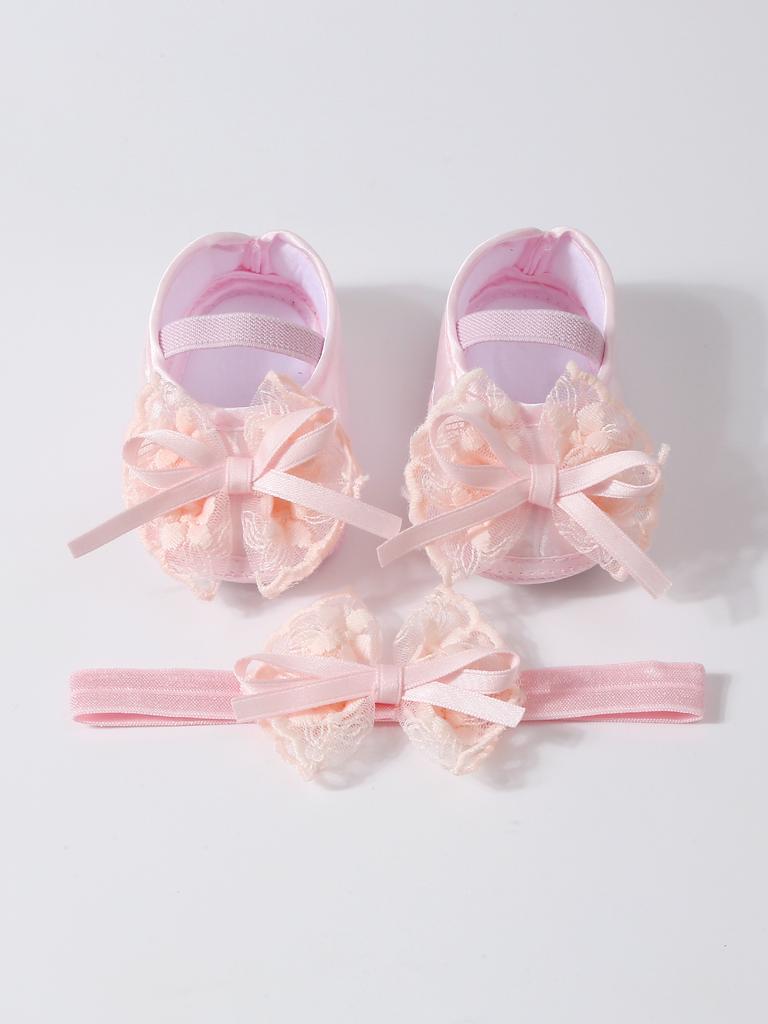 Elegant Lace Pearl Tulle Bow Baby Crib Shoes Matching Stretch Headband Set, Non-Slip Flexible Sole Toddler First Walkers Princess Outfit Accessory
