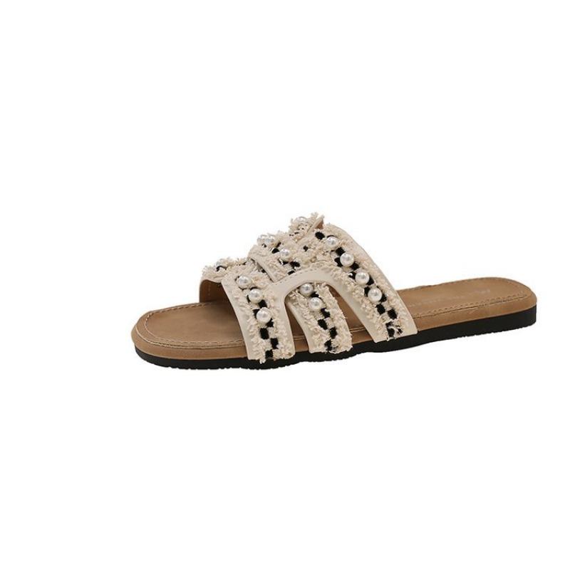 Pearl Sandals Summer Flat Comfortable Women's Shoes with Skirt Comfortable Slippers One Piece