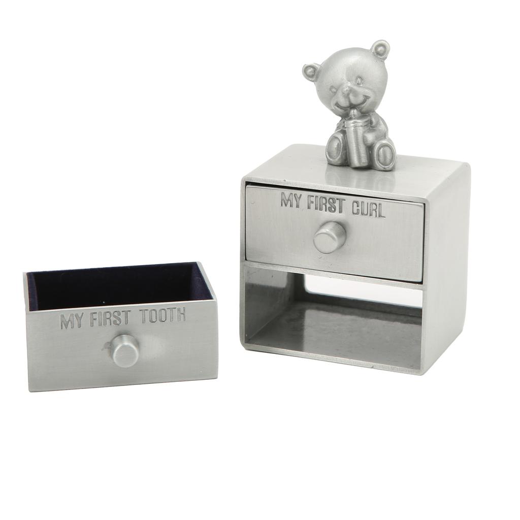 Tooth Box Metal Cute BearShape Storage Case with 2 Drawers for Children Growth Memorial Gift Jewelry Collection(Green Patina )