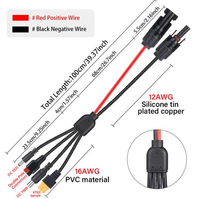 1M Charging Extension Cable Solar  Main Line 12AWG Branch Line 16AWG PVC Pure Copper MC4 To DC5521 7909 XT60 Female Head 30A