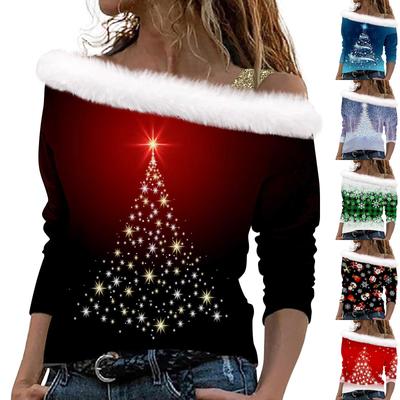 Women's Long Sleeve Tops Fashionable Women's Loose Christmas Print Off-Shoulder Pullover Tops