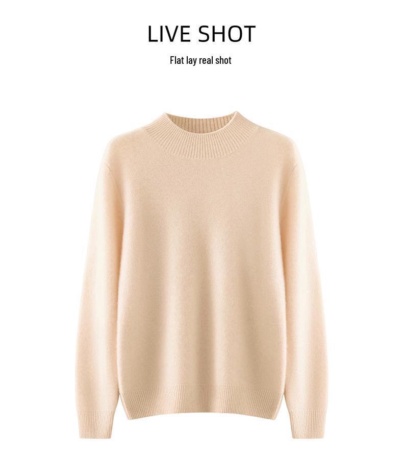 Women's 100% Cashmere Thickened Long Sleeve Sweater - Half-High Neck, Versatile Knit Base Layer for Autumn/Winter