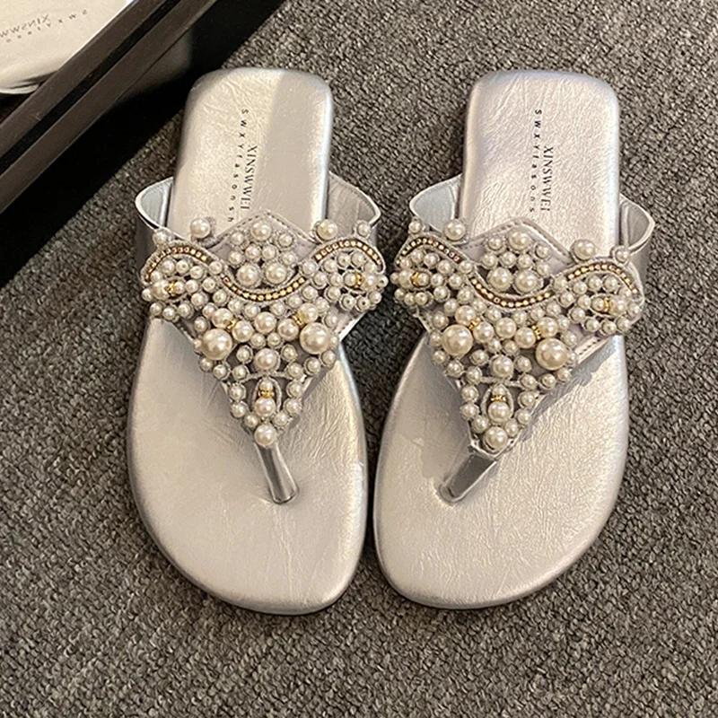 

Fashion Flats Women Clip Toe Slippers Casual Cozy Shoes String Bead Dress Shoes Woman Walking Sandals 2025 Summer Trend Female Zapatos 35 серебряный