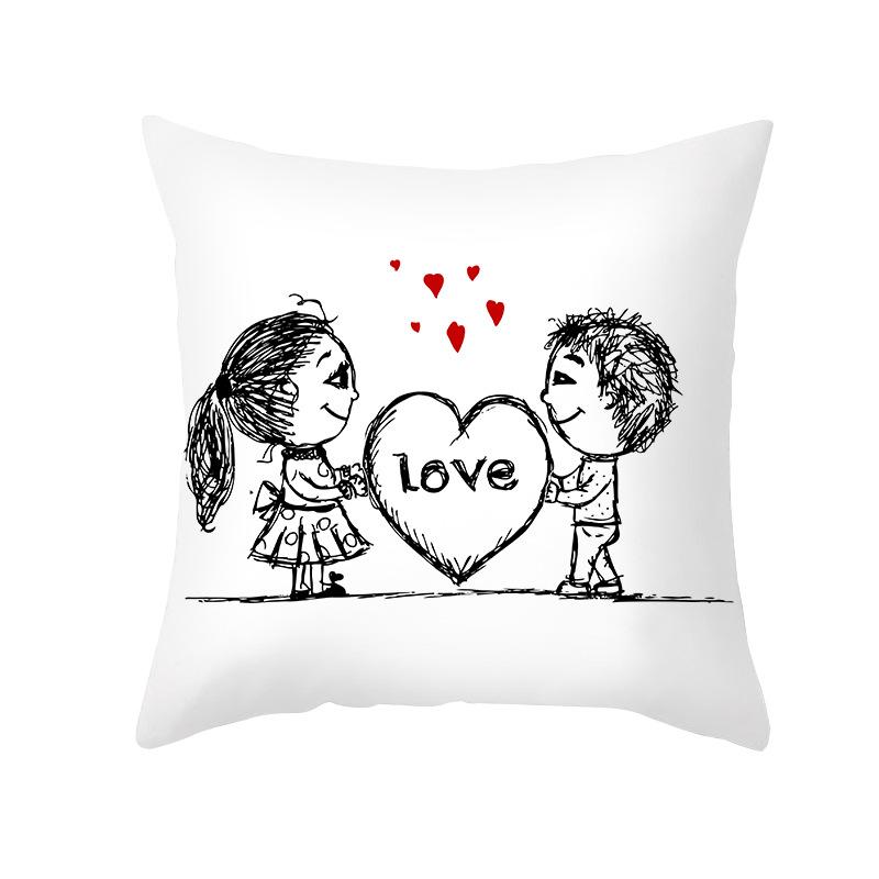 Home Valentine's Day Pillow Case Peach Skin Print Couple Love Heart Sketch Pillow Cushion