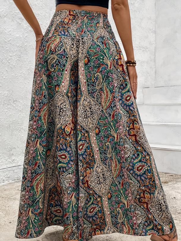 2025 Bohemian Wide-Leg Pants: Retro Colorful Print, Casual High-Waisted Loose Fit