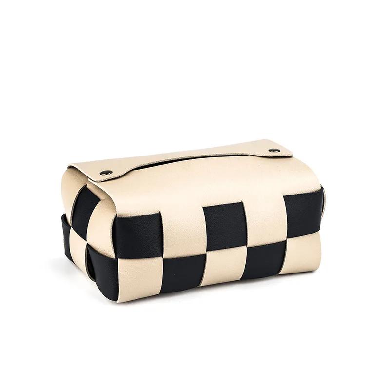 

Шахматная тканая коробка для салфеток из искусственной кожи, чехол для салфеток в гостиную, офис, рабочий стол, украшение для дома, креативный чехол для бумажных полотенец бежевый