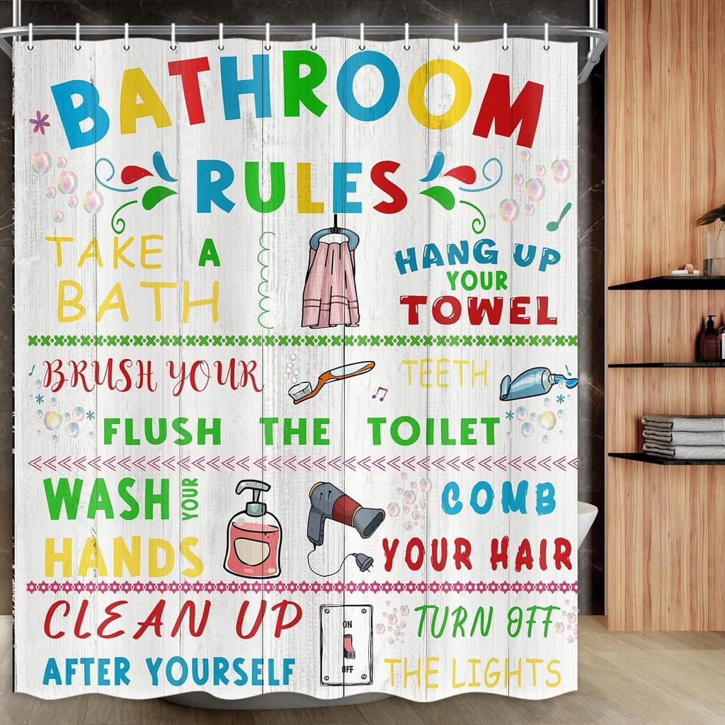 Bathroom Rules Shower Curtain, Colorful Motivational Inspirational Shower Curtain Set Funny Bathroom Text Shower Curtain, Waterproof Fabric Bath