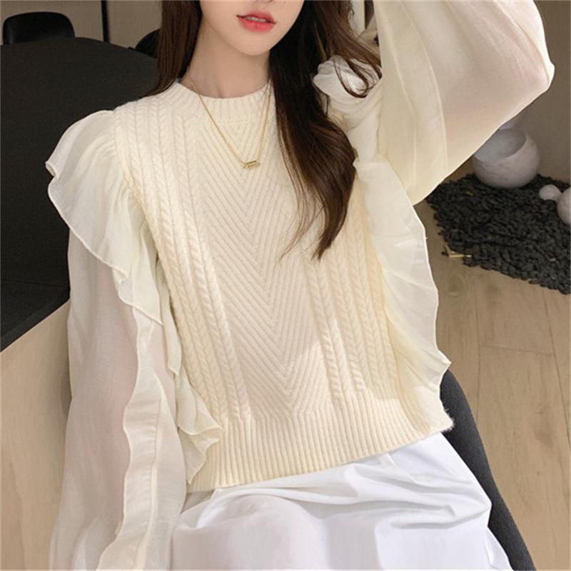 Bubble sleeves ruffle edge splicing design sense sweater spring and autumn loose top knitted sweater femininity gentle wind