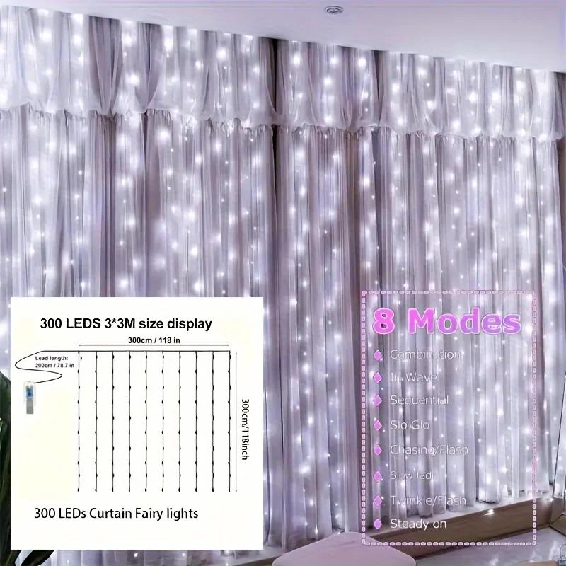 300 LED Fairy Light Curtain USB Remote Control 8 Modes String Lights Christmas Wedding for Bedroom Wedding Party Xmas Decoration