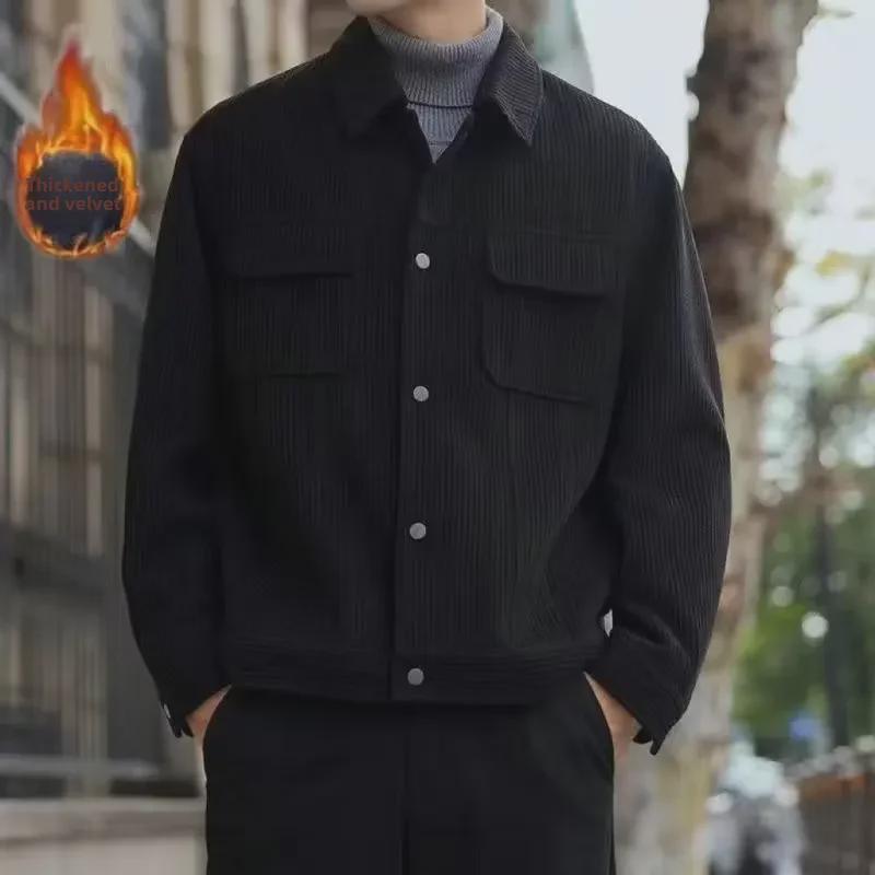 Men's Korean Style Retro Corduroy Lapel Jacket - Autumn/Winter Velvet-Enhanced Trendy Coat