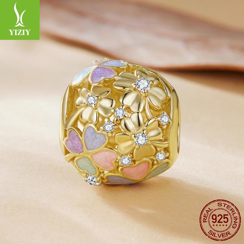 S925 Sterling Silver-Plated K Gold Four-Leaf Clover Bracelet Beaded Autumn Romantic Leaf Diy Bead Accessories