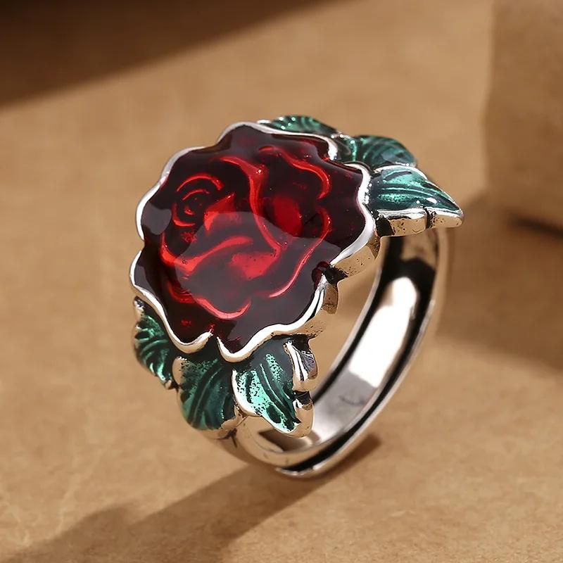 Vintage Ethnic Style Enamel Fired Blue Peony Flower Adjustable Ring for Women  Floral Luxury Party Vacation Jewelry Gifts