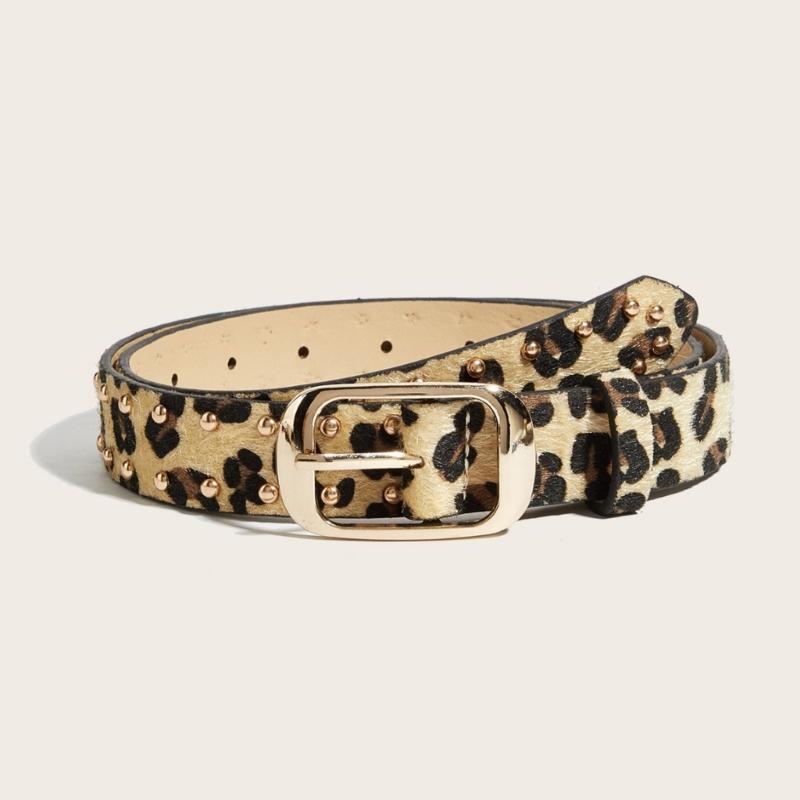 Leopard Print Waist Belt with Horsehair Patchworked Rivets Studded Design for Women Fashion Enthusiasts Music Festival