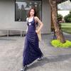 French Lace Neck V-neck Floral Dress Women's Summer New Waist Design Holiday Long Skirt