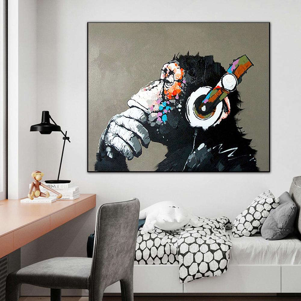 Funny Monkey Listen To Music Wall Art Oil Painting Print On Canvas Graffiti Artwork Posters Pictures for Living Room Decoration