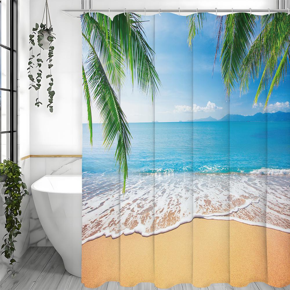 Ocean Beach Coconut Tree Shower Curtain, Bathroom Decorative Shower Curtain, Waterproof Shower Curtain with Hooks