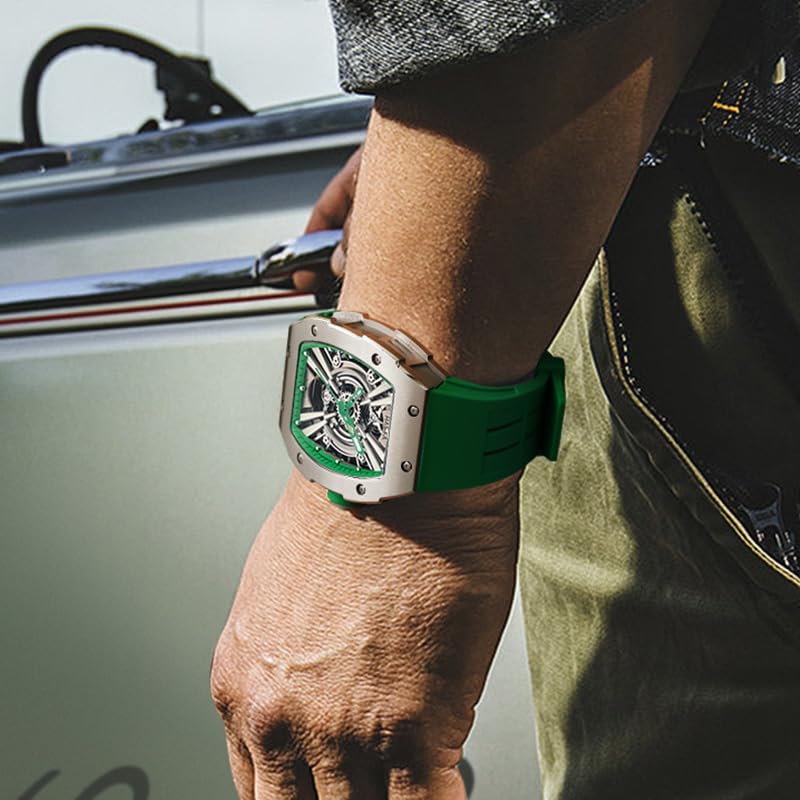 Haofa Men's Automatic Skeleton Watch with 316L Stainless Steel Case, Barrel and Tonneau Shape, Perfect for Baseball, Business, and Fashion.