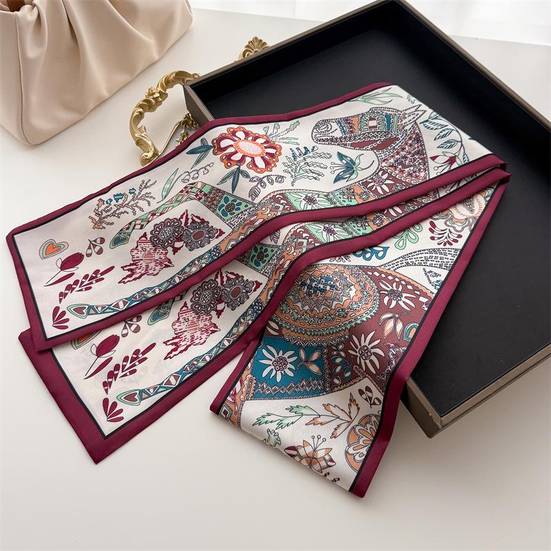 Luxurious Double-layered Scarf with Tassels, Tie-on Decoration, Suit Necktie, Small Strip Headband, Silk Scarf, Women's Printed
