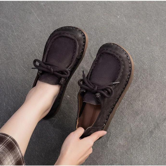 Johnature Genuine Leather Flats Comfortable Versatile Lace Up Commuting Retro Soft Soled Women's Shoes