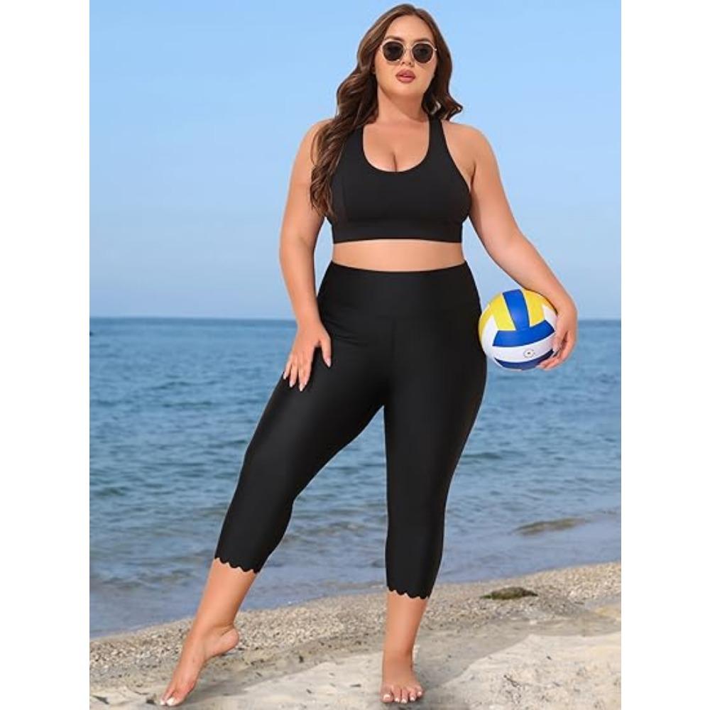 CHARMLEAKS Plus Size Swim Pants for Women High Waisted Swim Capris Waistband Pockets Swim Shorts Swimming Leggings