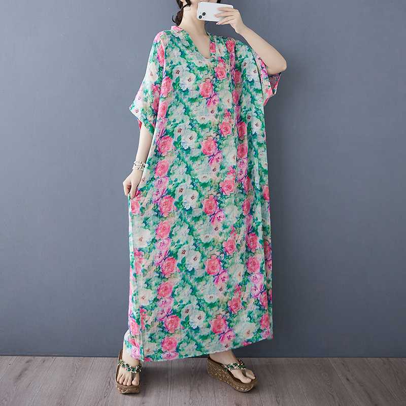 Summer Color Travel V-neck Retro Long Skirt Cotton Linen Dress