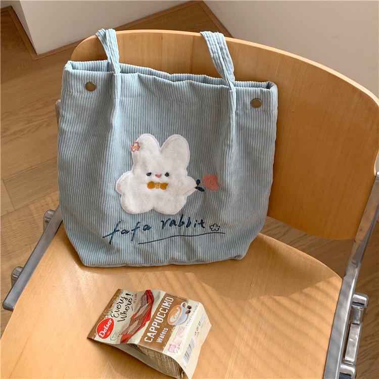 Adorable Floral Embroidered Corduroy Shoulder Bag Sweet Japanese Tote For Students