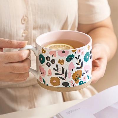 Nordische bemalte Blumen Keramiktasse für Tee, Kaffee, Frühstück, Dessert, Eiscreme, Tasse, Cartoon-Paar-Tasse, Geschenk, Bürotasse, Heimdekoration
