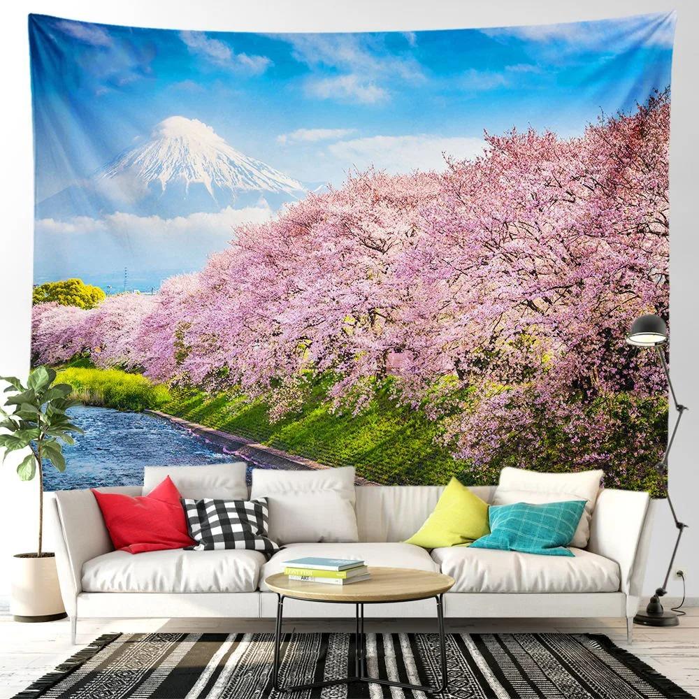 Pink cherry blossom tree mountain forest wall tapestry home decoration living room bedroom background hanging cloth