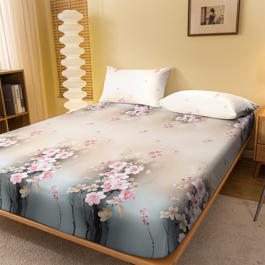 1 Simple Modern Plant Flower Printed Matte Fitted Sheet, Bedroom Printed Bed Cover, Bedding (Excluding Pillowcases)