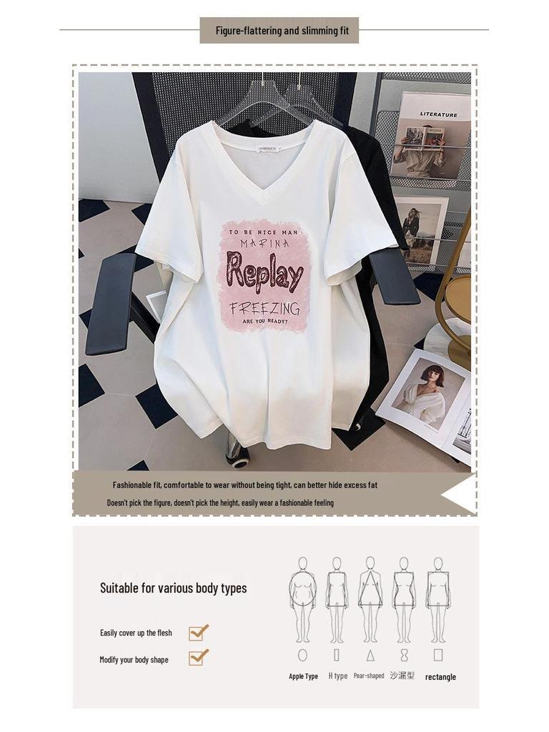Women's Plus Size V-Neck Loose Fit Mid-Length Short-Sleeve T-Shirt (200/300/350 Jin)