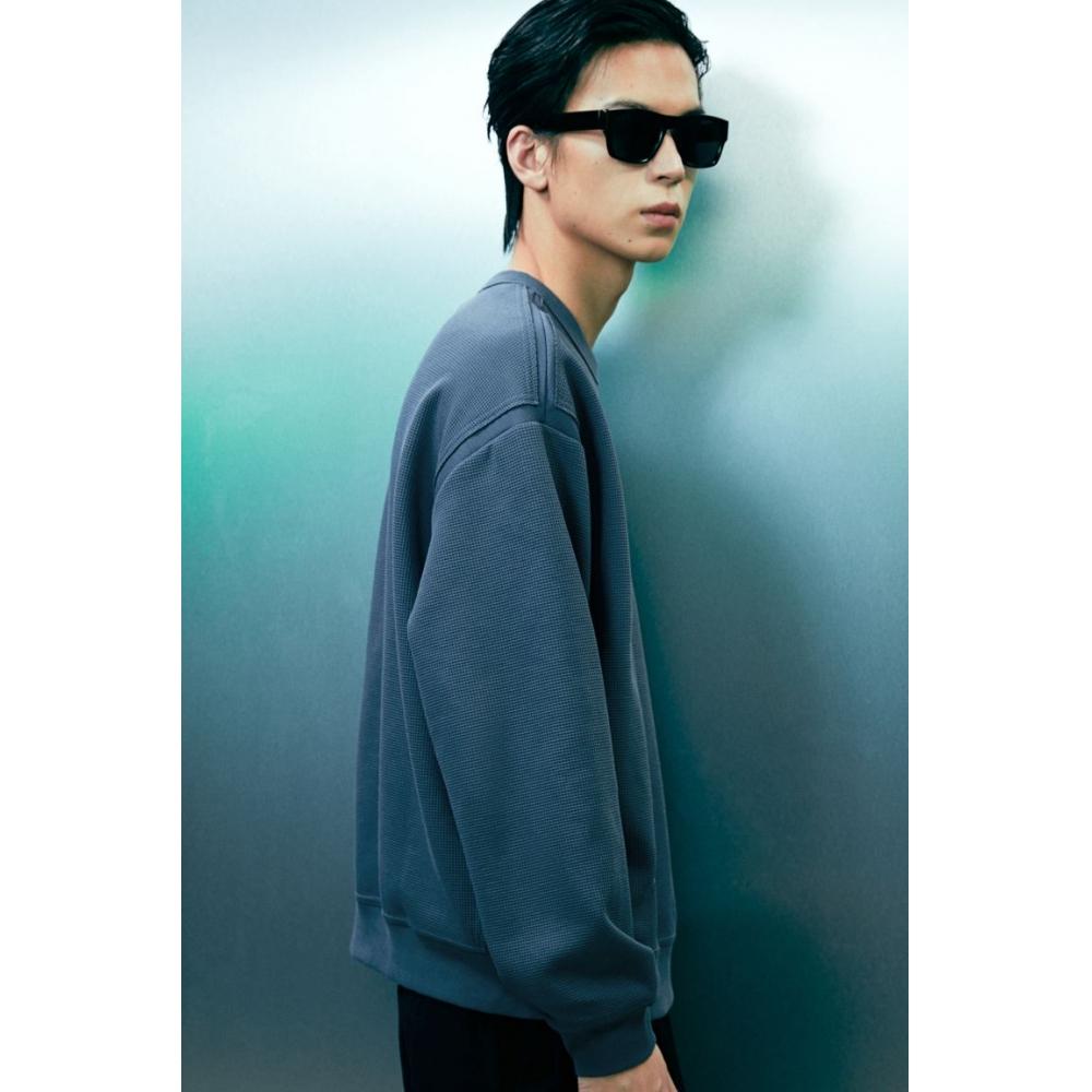 H M Loose Fit Waffle Texture sweatsHirt Dark Turquoise