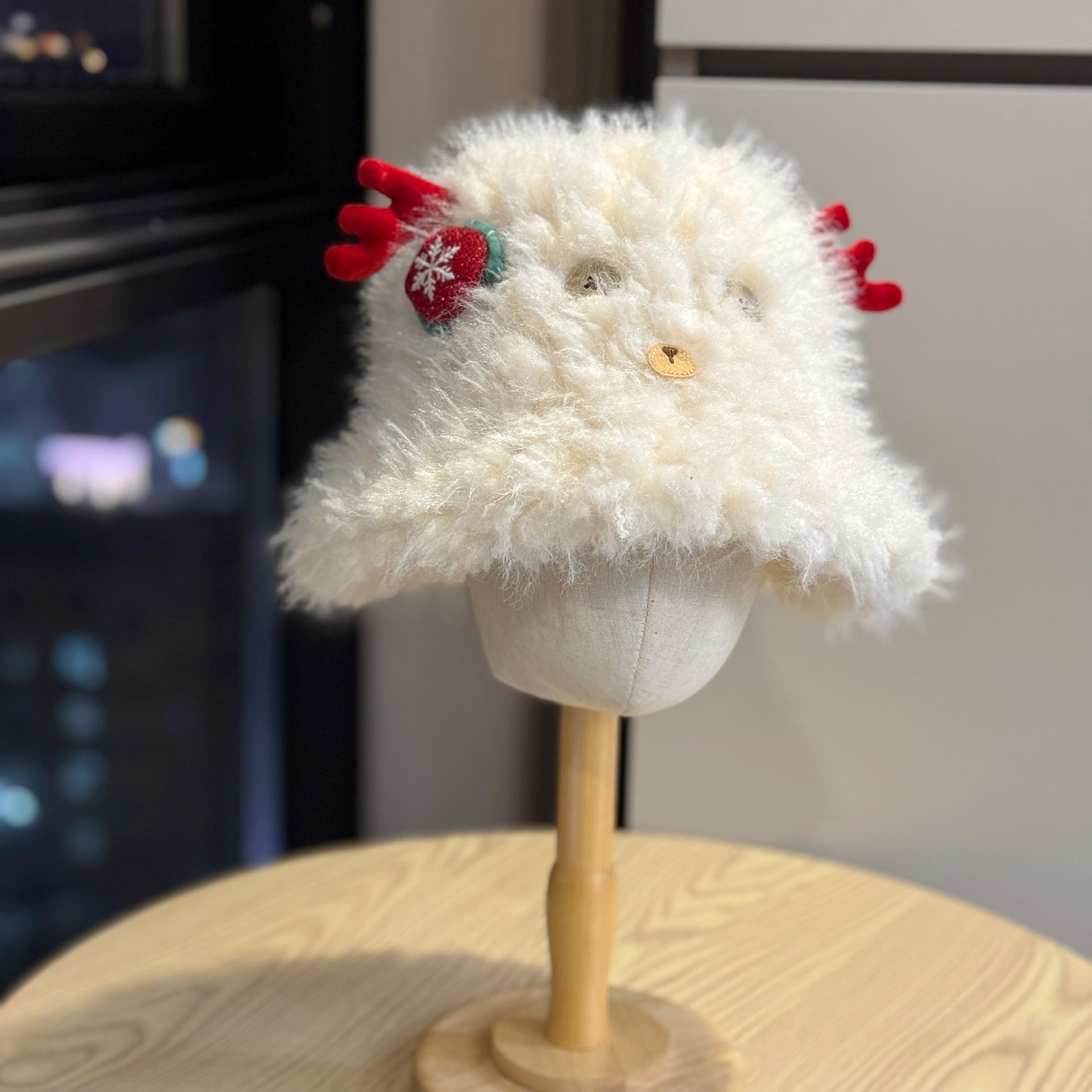 

New Autumn/Winter Cute Antler Christmas Plush Fisherman Hat for Women, Simple and Versatile, Warm and Face-Slimming Bucket Hat Adult54-60Average Size бежевый