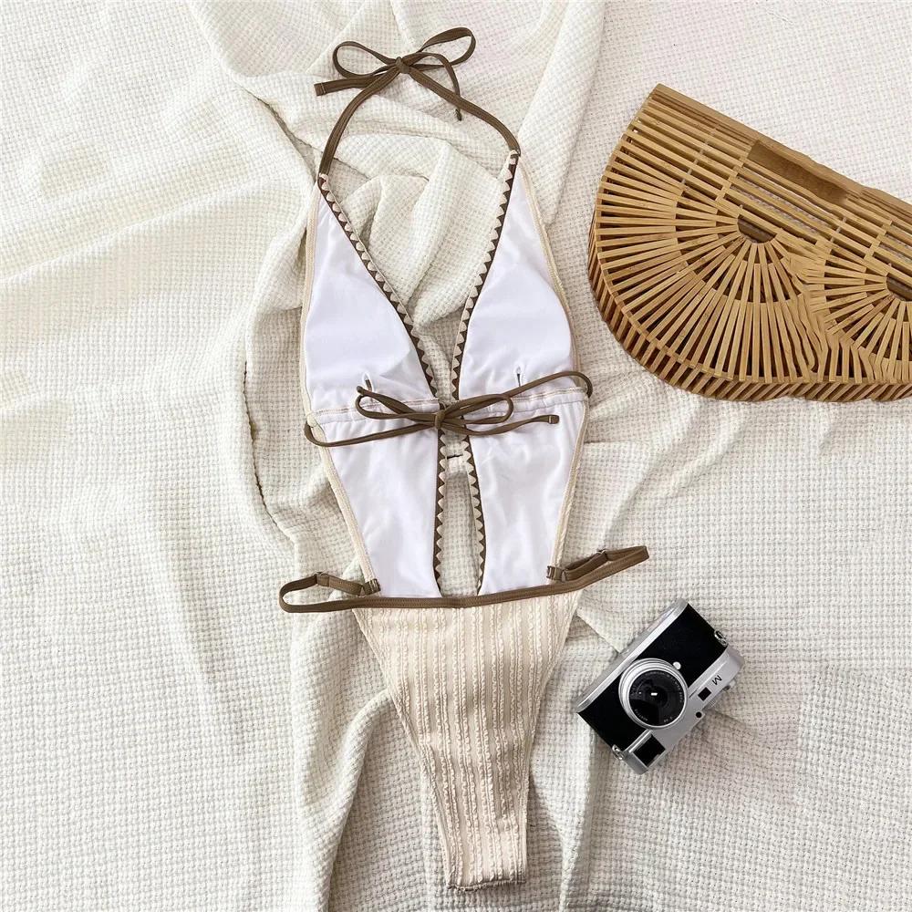 Sexy String Halter Backless Swimwear One Piece Swimsuit Women 2026 Hollow Out Monokini Beige Texture Bathing Swimming Suit Wear