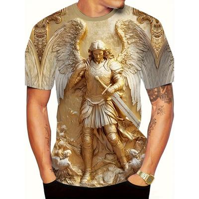 Herren 3D Engel Krieger Grafik T-Shirt Goldenes Schwert Design 3D-bedrucktes T-Shirt für Männer Kleidung Flügel Verzierter Rand Unisex T-Shirt Tops